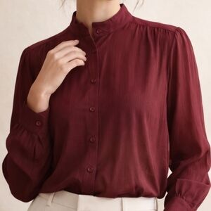 ModCloth Burgundy Mock Neck Sheer Button Front Blouse Medium Romantic